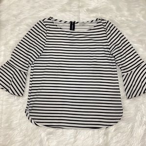 Women’s Black White Stripes Bell Sleeve Top Exposed Back Zip Shirt